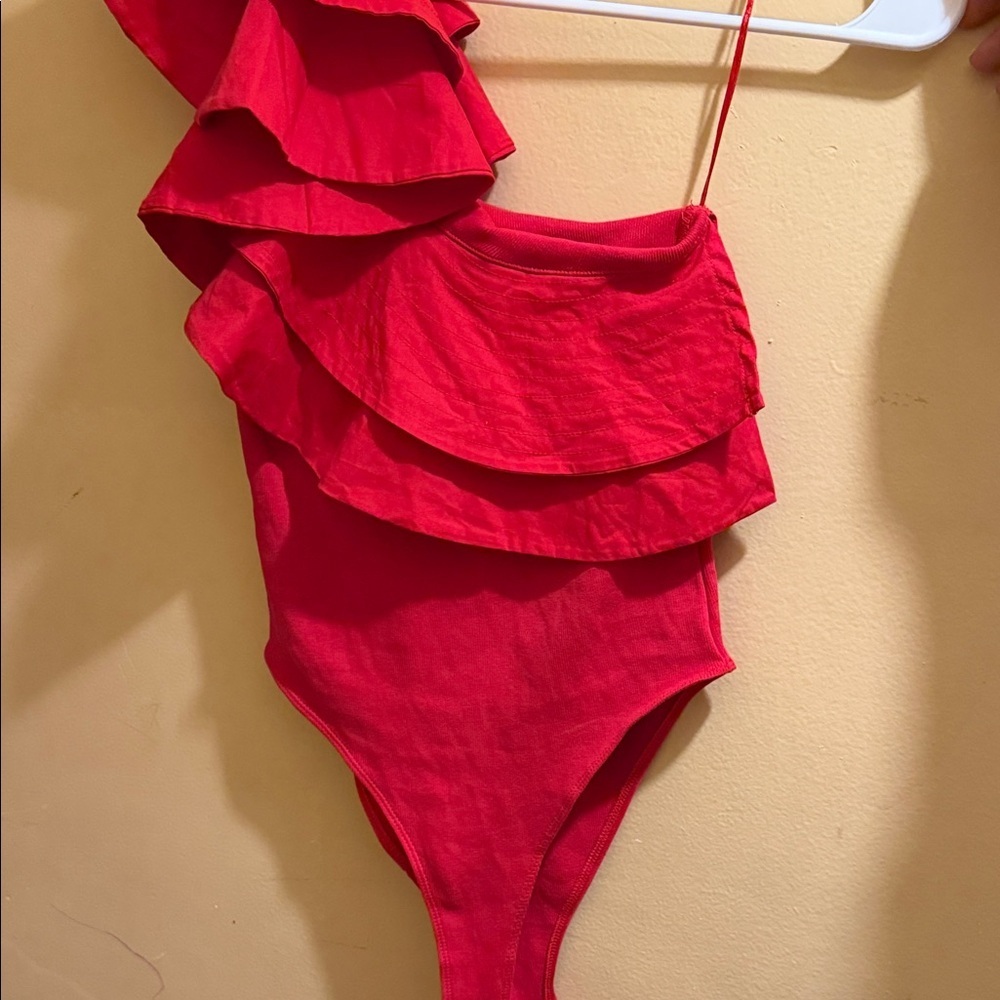 Zara Bright Red One-Shoulder Ruffle Top